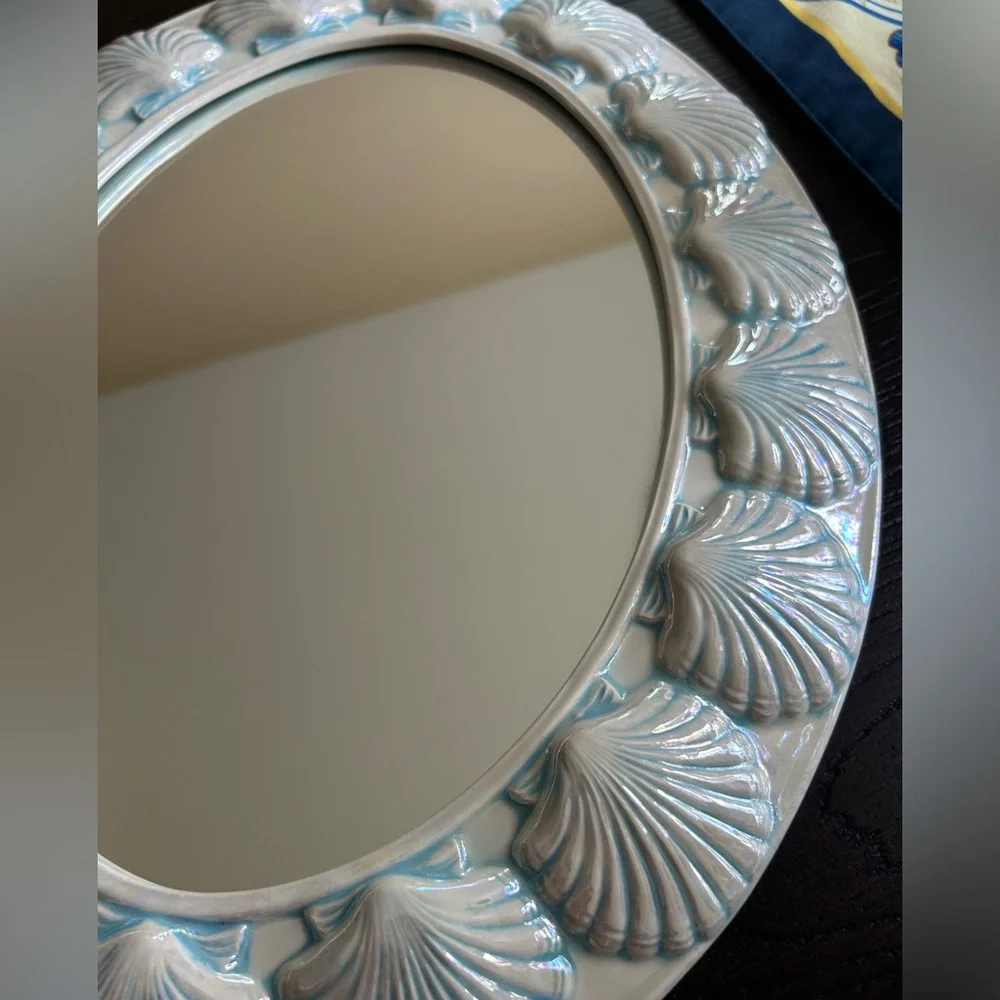 Vintage RARE Ceramic Hand Painted Scallop Seashell Oval Framed Wall Mirror